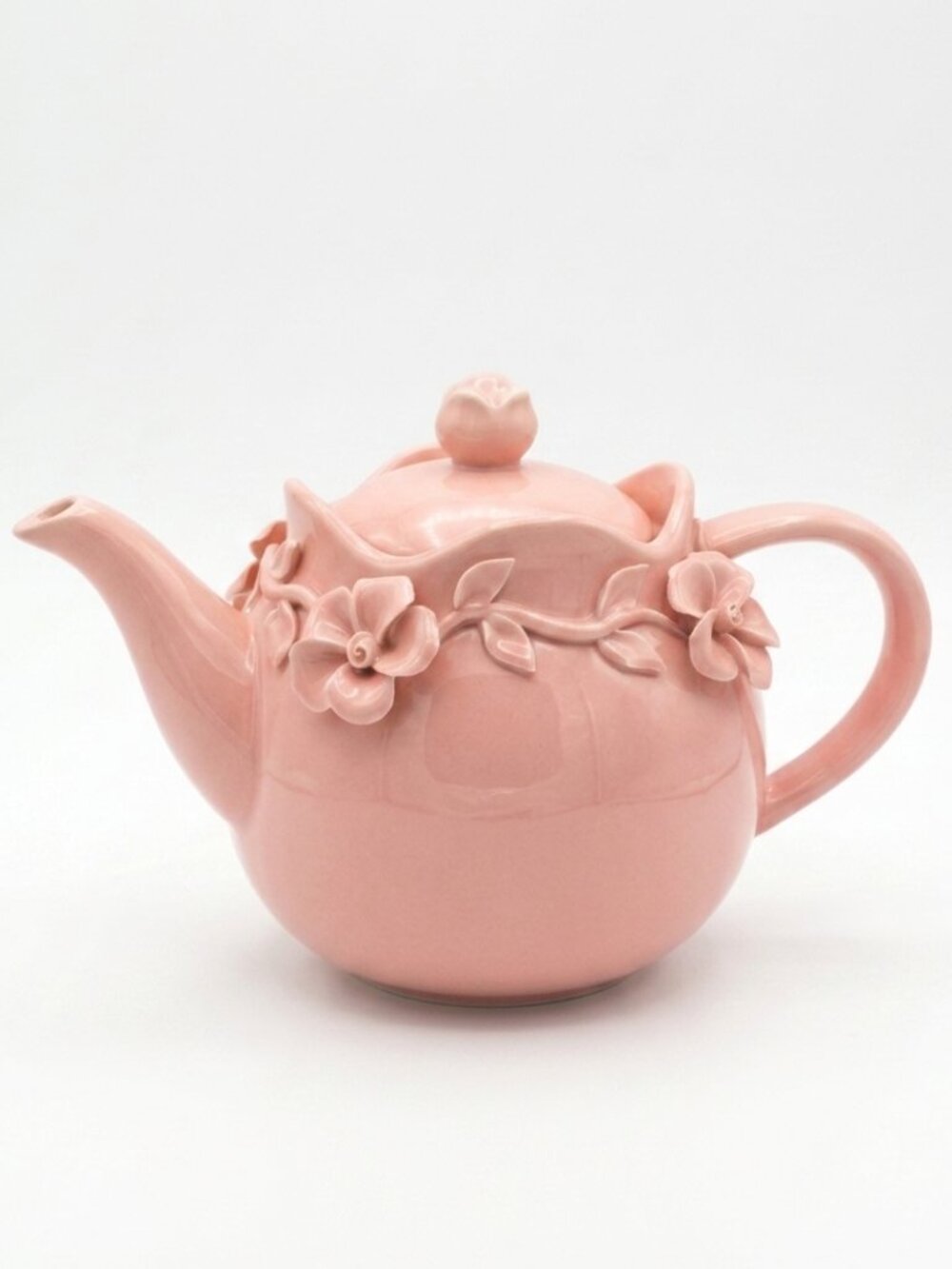 Pink Ceramic Teapot with 3D Relief Floral Vine Detail
